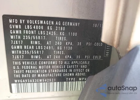 2014 Volkswagen Tiguan Se z USA, uszkodzony, nr VIN WVGAV3AX3EW542521